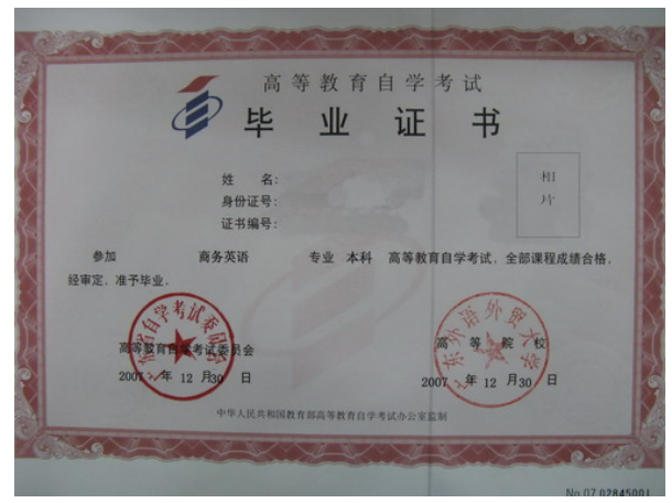 广东外语外贸大学自考毕业证样式